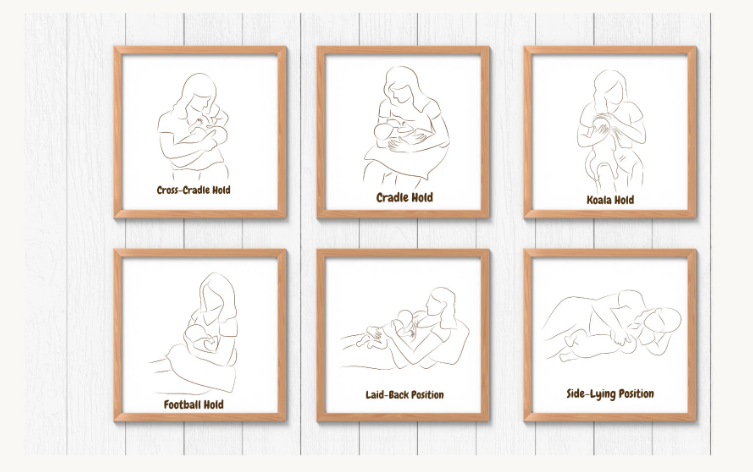 Breastfeeding positions line art wall hangings.